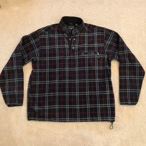 Chaps Fleece Pullover Sweater Jacket Men XL Plaid Black Grey Pockets Snap Button